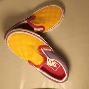 Vans Kids Yellow, Pink and Purple Slip-On Checkerboard Shoes. Child Clean